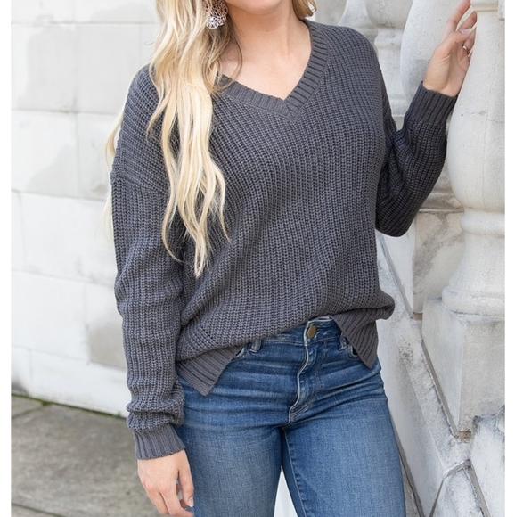 Curated by Instant Message Gray DROP Sleeve Knitted Sweater - Picture 1 of 8